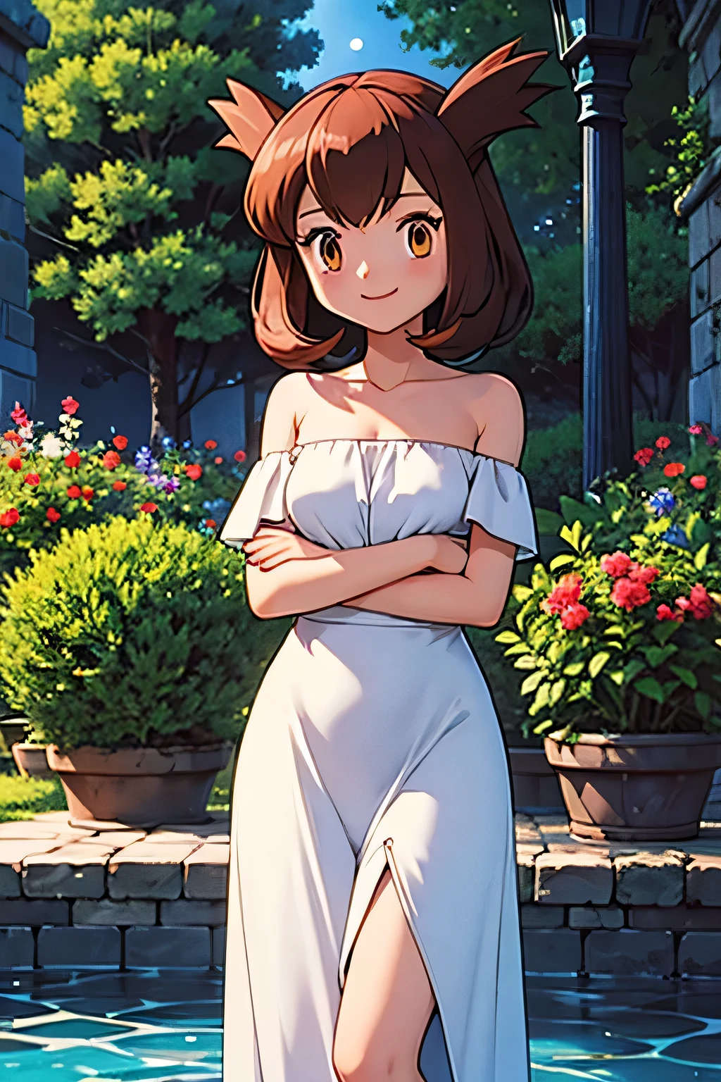 masterpiece, best quality, ultra-detailed, illustration, beautiful detailed eyes, very detailed illustration, cinematic lighting, 1 girl, solo, Pokemon Heroes (Bianca), Brown Hair, brown eyes, bare shoulders, strapless, off shoulders, white ruffle off the shoulder top, white maxi dress, crossed arms, intricate details, sharp focus, high resolution, the background of beautiful garden with a forest of flowers, on a beautiful night, full moon, smile, standing near a water pool, anime style, ultra-detailed, hdr, far at the bottom, in the center, Close up