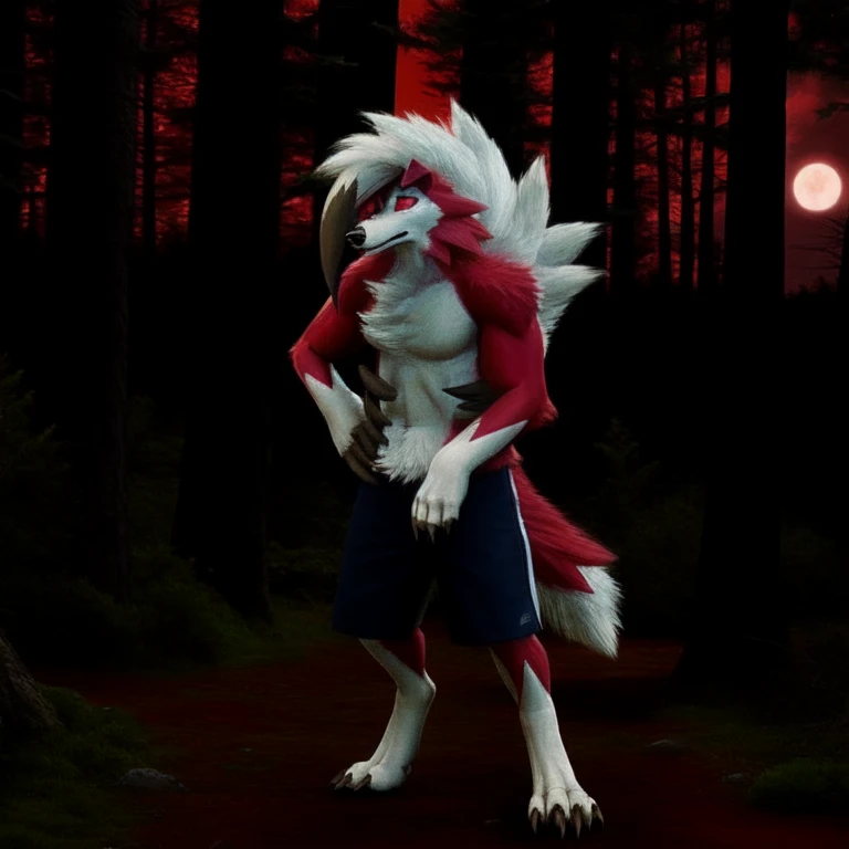 (artwork), photo of a real life, detailed eyes, MidnightLycanroc, feral, pokemon, fur, tuft, red eyes, full body, red moon, volumetric lighting, in forest, full body, wolf, muscle, wear shorts