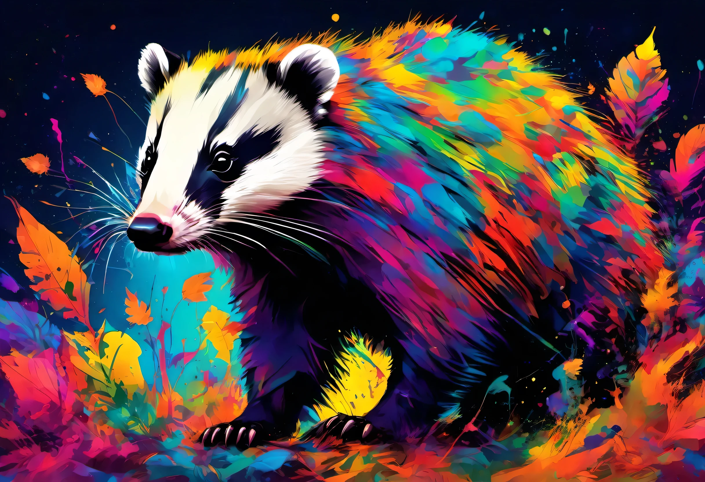 An American Badger with colorful paint on its body and leaves, vector art：Zahari Zograf, Trending on Pexels, psychedelic art, Rich in color and detail, A complex and colorful masterpiece, art：Alessandro Pautasso, very complex and colorful, colorful hd images, A colorful and intricate masterpiece, High quality HD digital art, great digital art, very colorful

