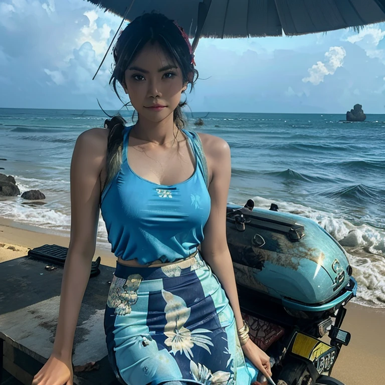 realistic photo of a beautiful Indonesian woman wearing a large cyan tank top and a long batik pencil skirt, playing on a beautiful beach with a cloudy and humid atmosphere, slightly wet after the rain has subsided