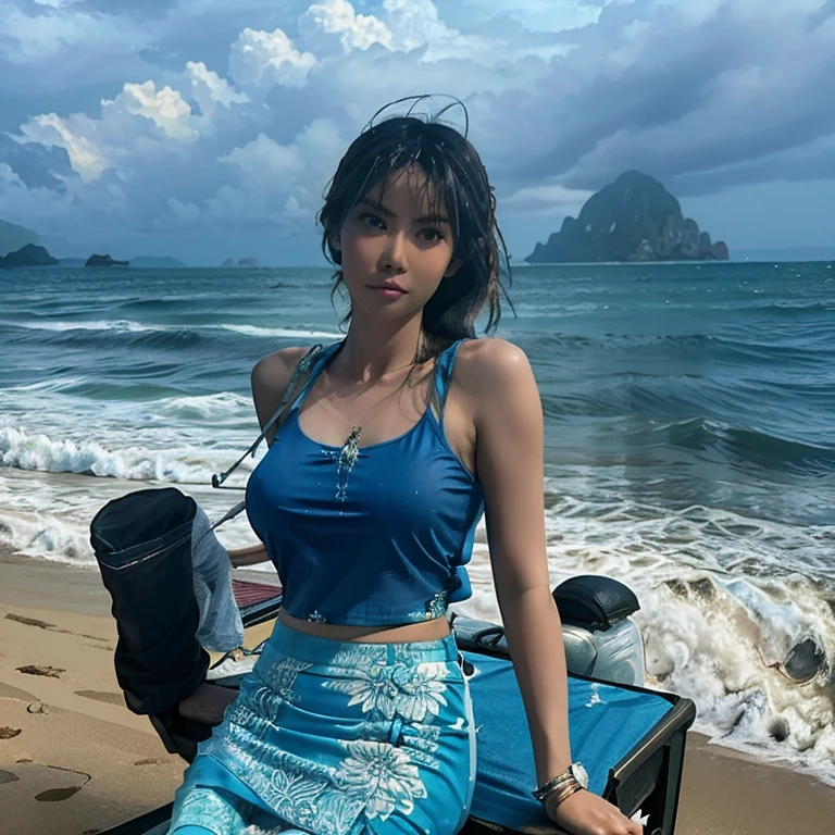 realistic photo of a beautiful Indonesian woman wearing a large cyan tank top and a long batik pencil skirt, playing on a beautiful beach with a cloudy and humid atmosphere, slightly wet after the rain has subsided