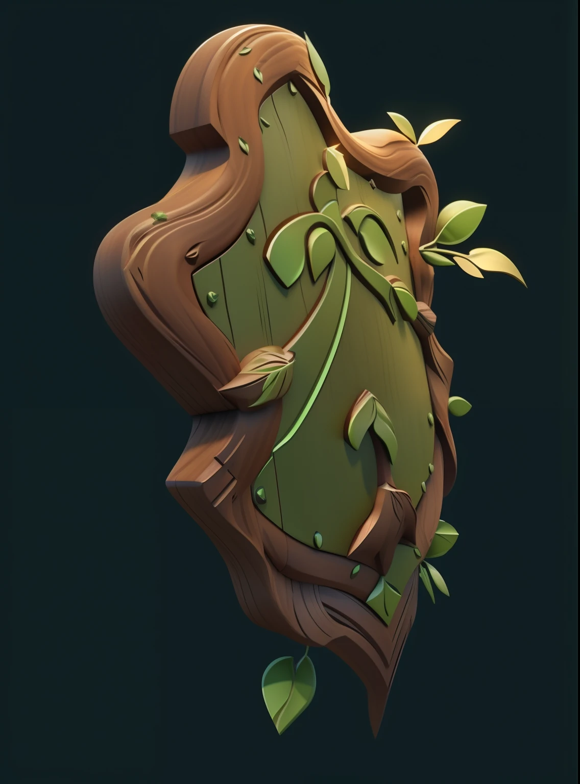 Green wooden shield with entwined roots, tree texture, leaves decoration (European and American cartoon Q version, 3D model rendering, medieval style), warrior, clash of clans style, cartoon model rendering, low polygon, High detail eyes, full body 3D painting, black background, masterpiece, best quality, best resolution, 8K
