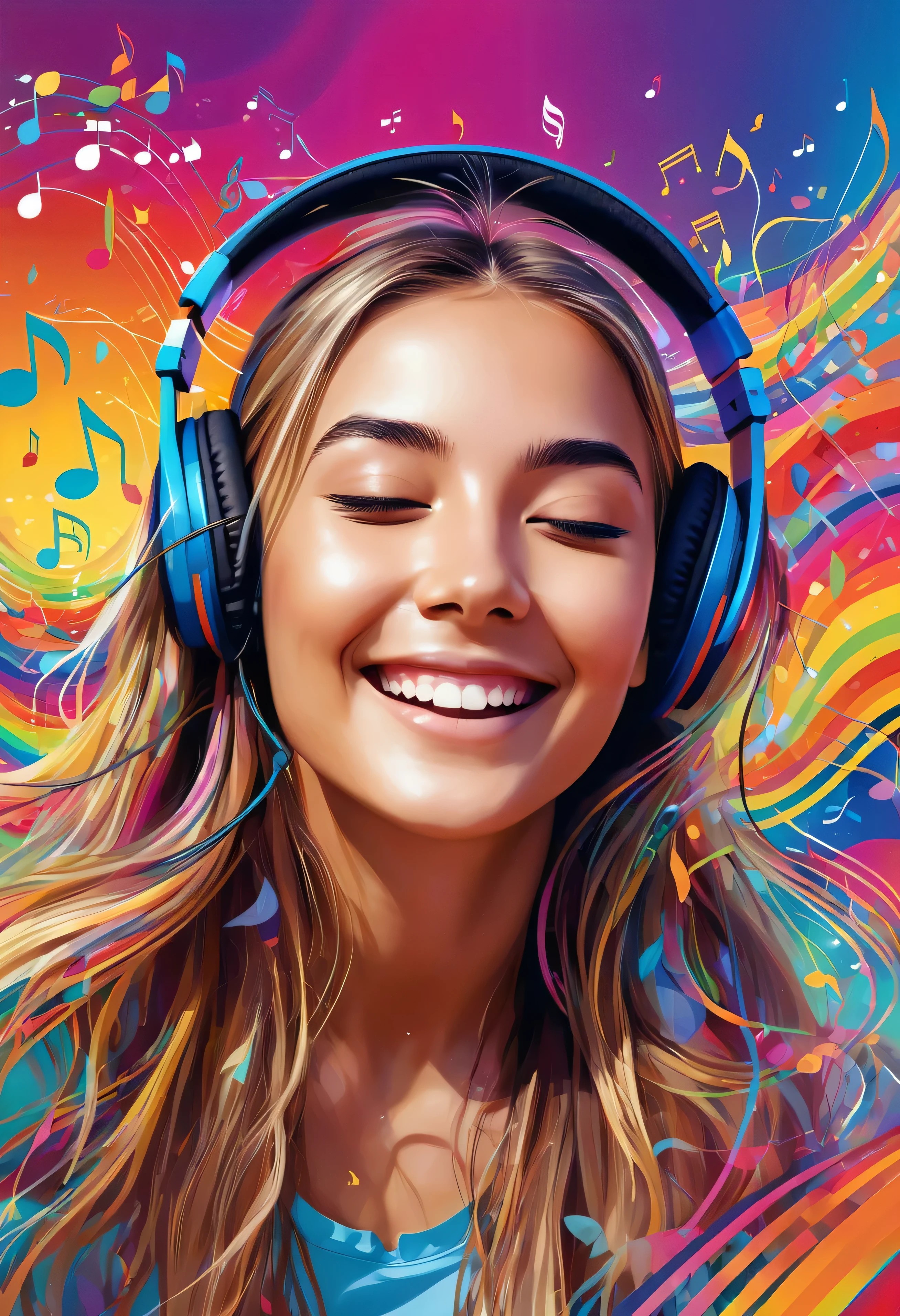 A digital artwork featuring a young woman with long hair wearing headphones, sitting leisurely while enjoying her favorite music. Her facial expression shows joy and tranquility. The background is a colorful image depicting elements of music flow, such as musical notes, sound waves, and other music icons seamlessly integrated with the beauty of nature.