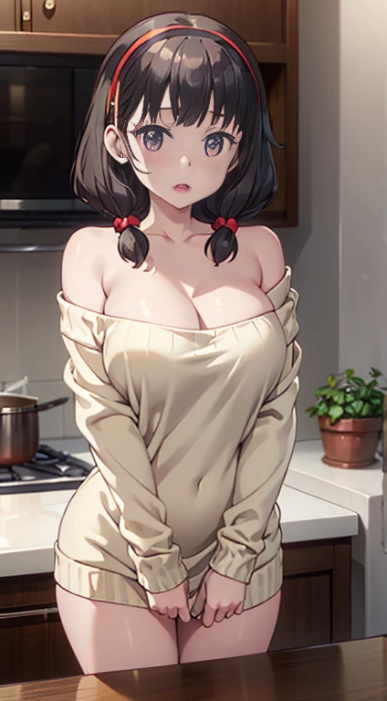 masterpiece, yor, 1girl, Amazing Cleavage:1.3, thin waist, big ass, Raised sexy, medium breast: 1.8 posed cleavage:1.2、solo, looking at viewer, open mouth, have a cup of coffee,black hair, red eyes, dress, bare shoulders, jewelry, collarbone, sidelocks, hairband, earrings, indoors, off shoulder, :o, sweater, arms behind back, plant, short hair with long locks, white hairband, off-shoulder dress, sweater dress, off-shoulder sweater, red sweater, big side hair, very long side hair,is rendered in (masterpiece: 1.2, best quality), with (ultra high resolution) and an exquisite (depth of field). This masterpiece is not only visually stunning but also tells, teach of cooking ,in the kitchen
