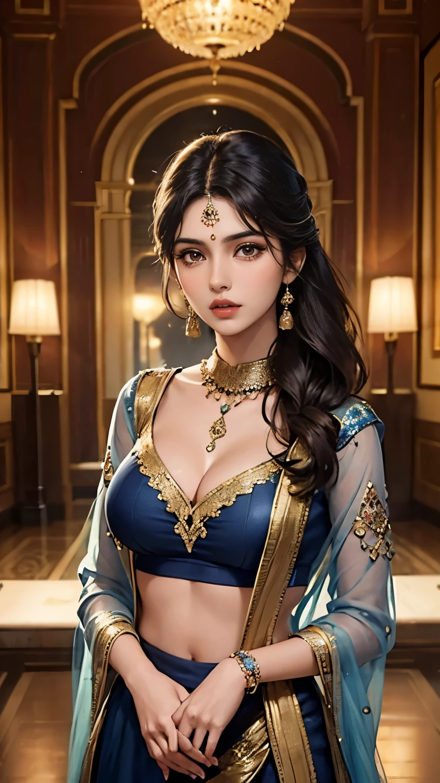 A beautiful mature woman bending down in front in a designeless plain silk black saree, exposing her ,intricate jhumka earrings, detailed alluring eyes, smooth lips, smiling, red lipstick, exposed navel, bangles, blue ribbon, saggy breasts, photorealistic, 8k, high quality, masterpiece, cinematic lighting, vibrant colors, intricate details, messy hair
