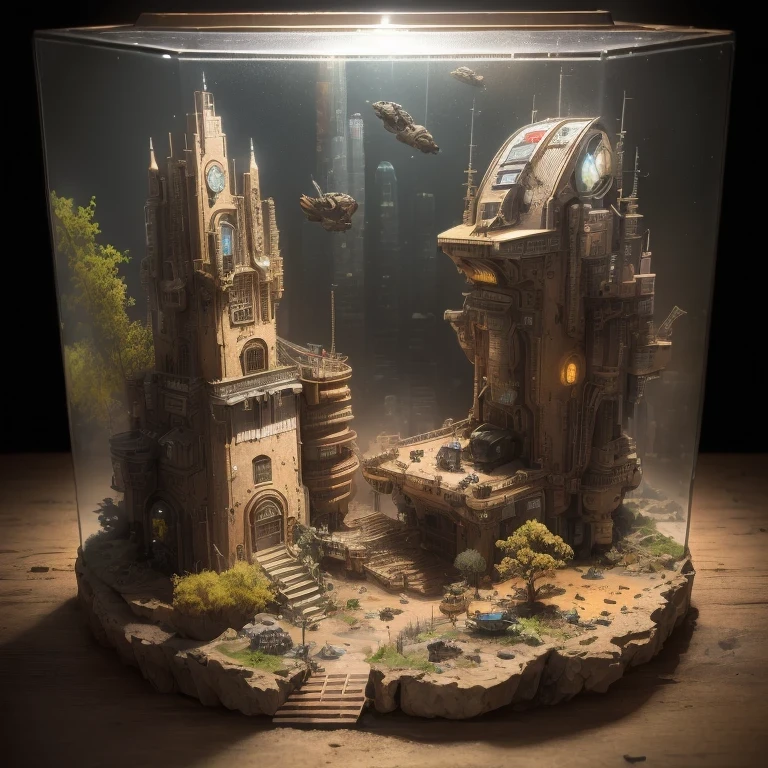 3598年Mars realistic model, (bifurcation, original photo, best quality, masterpiece:1.4),SteampunkCyberpunk6820 City,(CyberpunkMars light:1.3), Mars (related to land),(in a small glass tank box:1.3),Isometric, small nature, landscape on foundation,landscape,