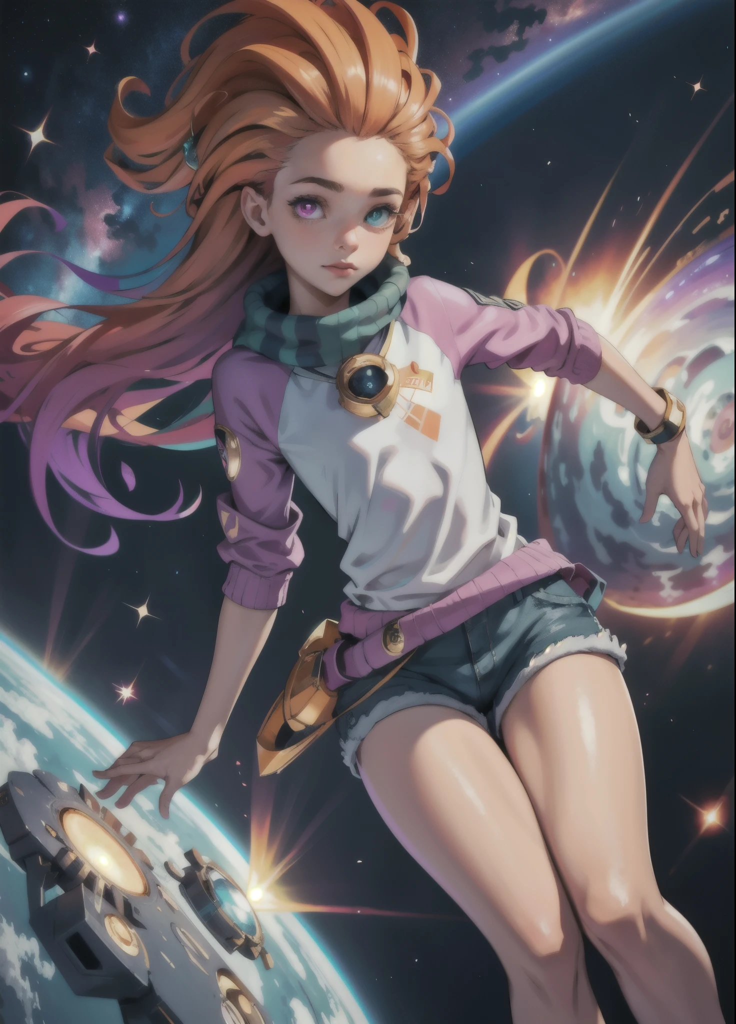 masterpiece, best quality, zoe, floating in space with a massive galaxy, shorts, heterochromia