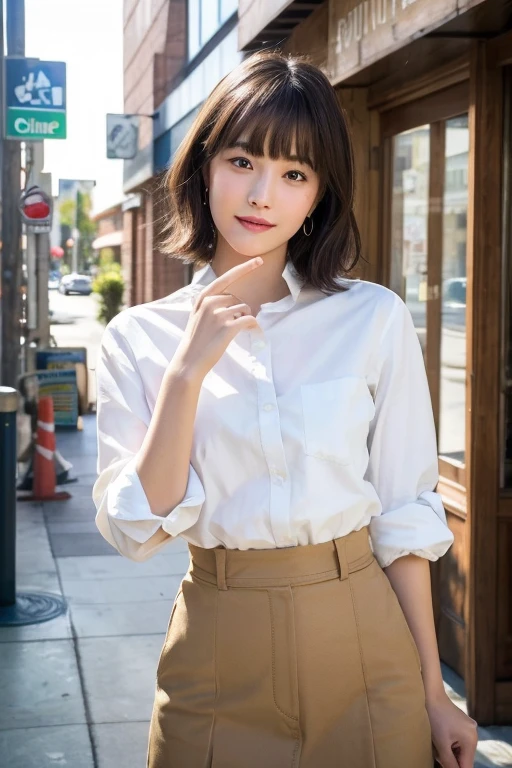 (8k, RAW Photos, highest quality, masterpiece: 1.2), Super detailed, Super Resolution, (Genuine, Genuine photos: 1.37), Portraiture, High-resolution RAW color photos, Professional photos, とても細かくて美Shii, Very detailed, 8k wallpaper, Amazing details, Large file size, Official Art, Very detailed CG Unity 8k wallpaper, Very detailed beautiful girls, Very detailed facesHighly detailed eyes, Very detailed skin, Very detailed fingers, Very detailed nose, Very detailed mouth, Perfect Anatomy, Very detailed background, Very detailed clothing, One Girl, (18:1.2), Teen, cute girl, Famous Japanese Idols, cute, Genuineistic body, , White skin, Glowing Skin, The body is slim, Handsome body, Brown Hair, Short Curly Hair, (Blunt bangs: 1.2) , smile, cute, like々Shii, かわいらShii顔, Genuineistic face, Delicate eyes, Sagging eyes, White shirt, skirt, Earrings, looking at the camera, Cowboy Shot, Positive, Are standing, traitor, Main Street, Dynamic Lighting,