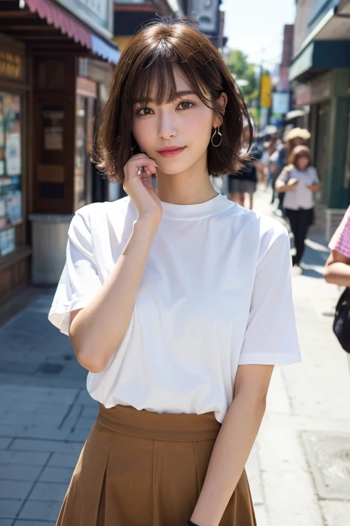(8k, RAW Photos, highest quality, masterpiece: 1.2), Super detailed, Super Resolution, (Genuine, Genuine photos: 1.37), Portraiture, High-resolution RAW color photos, Professional photos, とても細かくて美Shii, Very detailed, 8k wallpaper, Amazing details, Large file size, Official Art, Very detailed CG Unity 8k wallpaper, Very detailed beautiful girls, Very detailed facesHighly detailed eyes, Very detailed skin, Very detailed fingers, Very detailed nose, Very detailed mouth, Perfect , Very detailed background, Very detailed clothing, One Girl, (18:1.2), Teen, cute girl, Famous Japanese Idols, cute, Genuineistic body, , White skin, Glowing Skin, The body is slim, Handsome body, Brown Hair, Short Curly Hair, (Blunt bangs: 1.2) , smile, cute, like々Shii, かわいらShii顔, Genuineistic face, Delicate eyes, Sagging eyes, White shirt, skirt, Earrings, looking at the camera, Cowboy Shot, Positive, Are standing, traitor, Main Street, Dynamic Lighting,