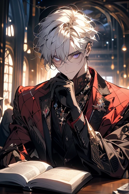 1male, calm, adult, age 35 face, handsome, short messy with bangs, white hair, amethyst colored eyes, royalty, prince, wears black clothing, in a castle, adult face, medieval times, close up, sitting at a table with a book, two hands, adult face, calm