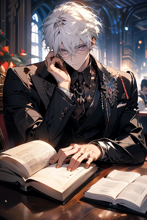 1male, calm, adult, age 35 face, handsome, short messy with bangs, white hair, amethyst colored eyes, royalty, prince, wears black clothing, in a castle, adult face, medieval times, close up, sitting at a table with a book, two hands, adult face, calm