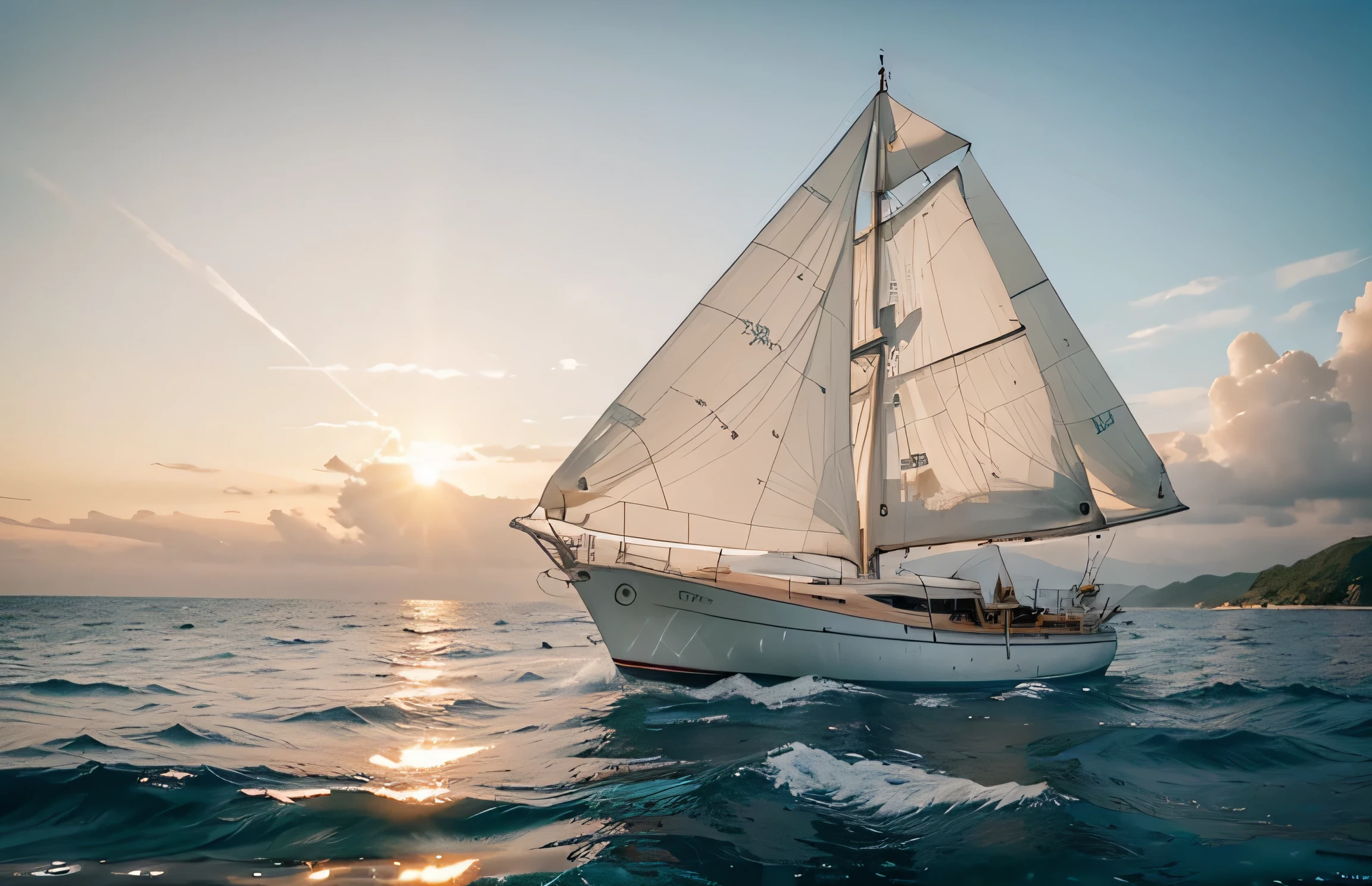 An elegant and majestic sailboat glides over the crystal clear waters of the ocean. The sun is at its highest point, painting the sky with warm shades of orange and pink. The white sails are billowing in the breeze, and the ship cuts through the waves gracefully. In the distance, you can see rugged islands and lush vegetation. The captain, with his gaze fixed on the horizon, steers the helm with determination. The reflection of the sun on the water creates a golden path that extends to infinity. What adventures await aboard this sailboat? Let your creativity navigate freely!