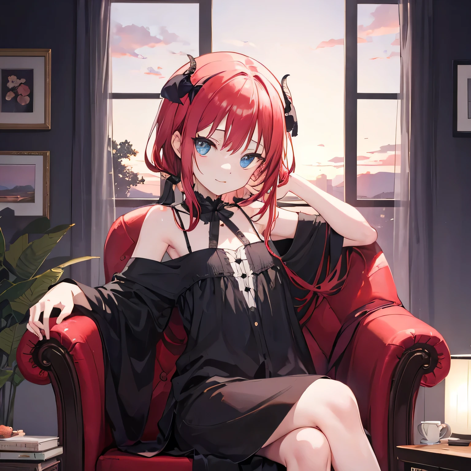 sunset Satanichia Mcdowell posing lightly while reflecting in her armchair while a small glow of light makes her face shine while listening to songs 