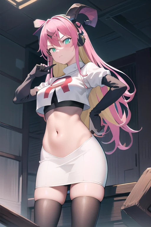 (SFW), masterpiece, best quality, highres k, professional artwork, famous artwork, clean, cinematic lighting, beautiful green eyes + detail, beautiful hair + detail, 1girl, sexy young female body:1.3, (beautiful breasts), looking at the viewer, aloe1, 1girl, solo, pointy ears, multicoloured hair, asymmetrical horns, demon horns, hair ornament, blonde hair, long hair, pink hair, demon tail, green eyes, horn bow, horn ornament, bangs, headphones around neck, hair between eyes, team rocket,team rocket uniform,white skirt,red letter R,crop top,black thigh-highs,black elbow gloves