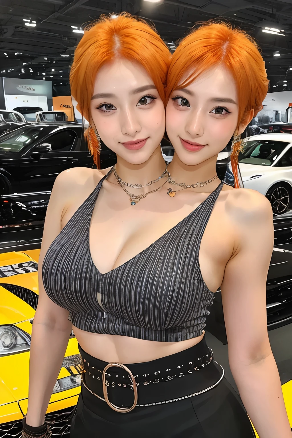 (extra detailed body、extra detailed face、best qualtiy:1.2)、looking at the viewers、(orange hair fancy hair ornament、、Outstanding smile、fancy shoulder-length bird feather piercings,、a necklace、Bracelets、Five-color vertical stripes on tank top、abdominals、JINS)、(American Car Exhibition Hall:1.4), conjoined_dicephalus, (two heads:1.3)