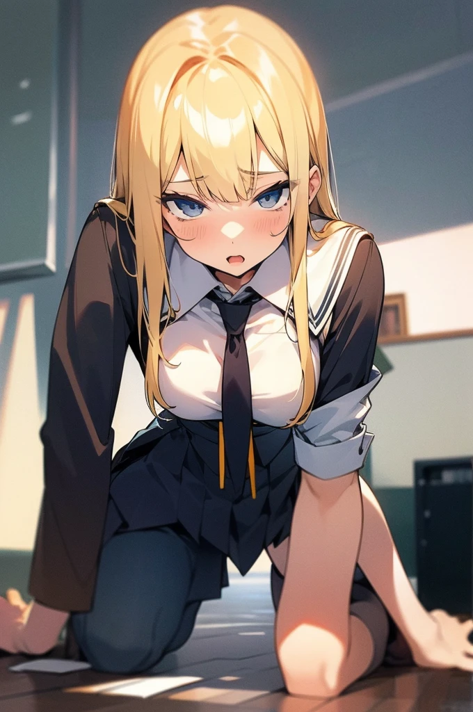 Blonde,slender,Spread your legs,On all fours,uniform,Open the chest,Pull up your skirt,Push up your panties