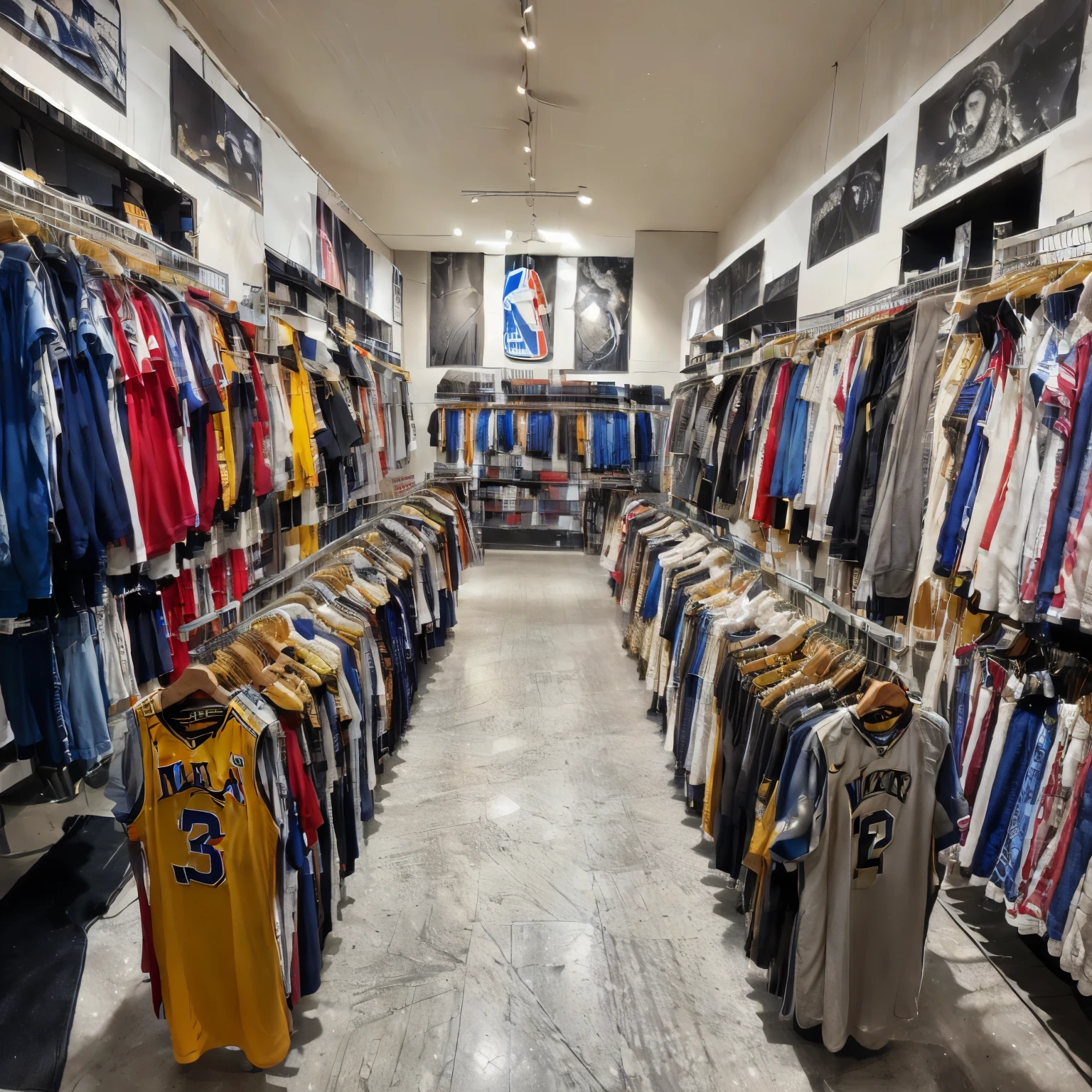 View of a store, lots of NBA jerseys on the shelves, collection, curated collection, wide angle full shot, curated collection, 3/4 wide angle, vintage 9 0 seconds, vintage clothing, store, los angeles, stunning image, completely filled space, reddit post, trending, store, photos of the store, full costume, 70s