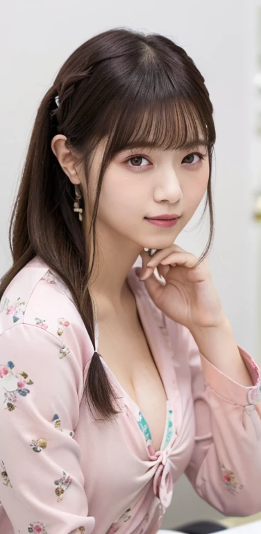 masterpiece、highest quality、8k,Ultra-high resolution、RAW Photos、Ultra-high resolution、日本people、beautiful girl、1people、woman, (Flower Hair Ornaments,Braided top knot,Twisted Side Part Ponytail Braided Headband,Half Up、Braided Space Van,Voluminous fishtail braid,Twisted pan),(Asymmetrical bangs)、 (Ultra-realistic),Round face、 Fine and beautiful eyes, Hanging eyes、double eyelid、Thin eyebrows、Red makeup around the eyes、Heavy dolly make-up、Thin lips, (Short onesie(Pale pink floral pattern on white background))、 A kind smile, Professional photography, Cinematic Light, (Very beautiful face: 1.2),(Large Breasts:1.2)、Wide open chest、Saggy breasts、Cleavage、Exposed thighs、Voluptuous thighs、(Beautiful and smooth calves:1.6)、daytime office、In front of the computer、sitting in an office chair、Head to knee photo