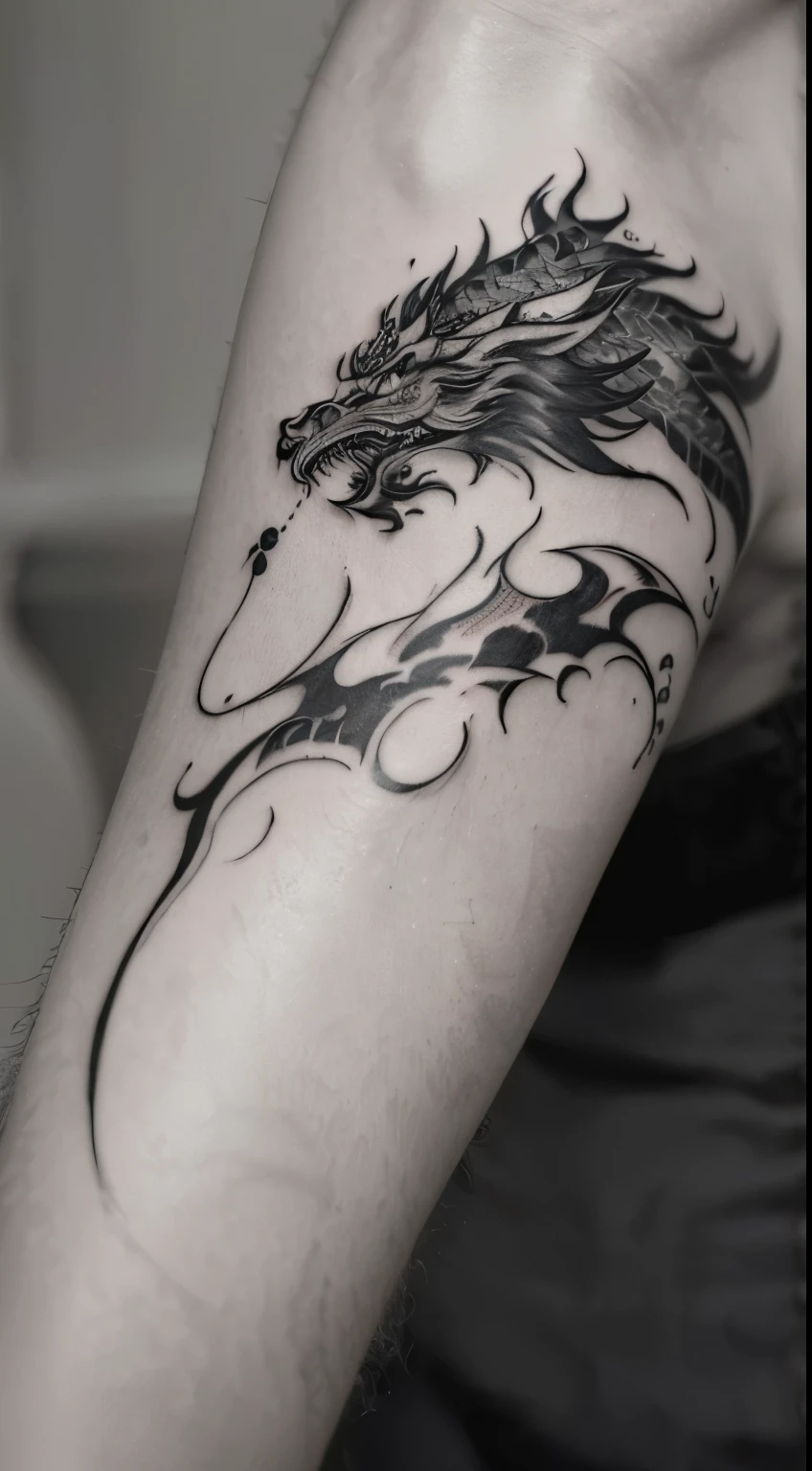 a close up of a man's arm with a tattoo of a Embodying Strength and Wisdom: A Majestic Asian Dragon Twists and Turns Through Time
 dragon, strong linework, dragon with scars, sketch tattoo, by Adam Szentpétery, extremely sharply detailed, detailed and sharp, extremely detailed and sharp, dark linework, sharp linework, expressive linework, impressive line work, ultra - realistic and intricate, strong line work, Embodying Strength and Wisdom: A Majestic Asian Dragon Twists and Turns Through Time