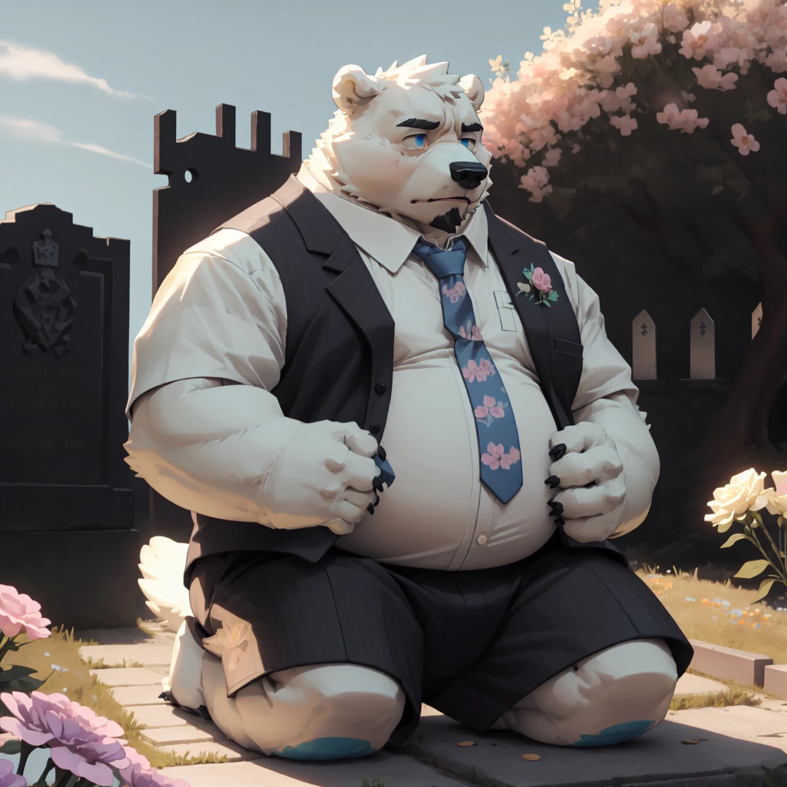 New Jersey 5 Furry,polar bear,portrait,Unique,Exquisite, Chubby,Fat,Thick arms,Rugged muscles,White plush fur,Chubby脸,Black eyebrows,Sky blue eyes,Beard,White shirt,shorts,suit vest,tie,Cemetery,Flowers,Kneel down,Afternoon Sunshine,sad,Tears