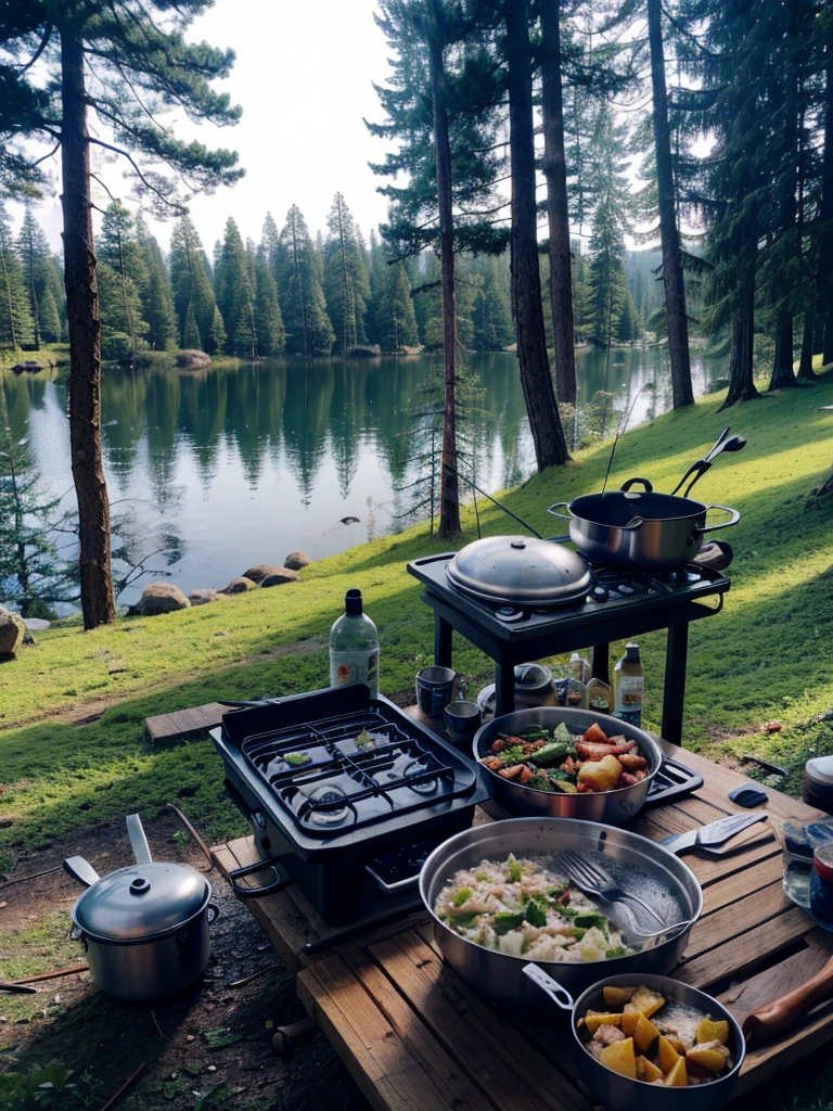 survival camping Happiness tools and cooking in the forest next to the Lake