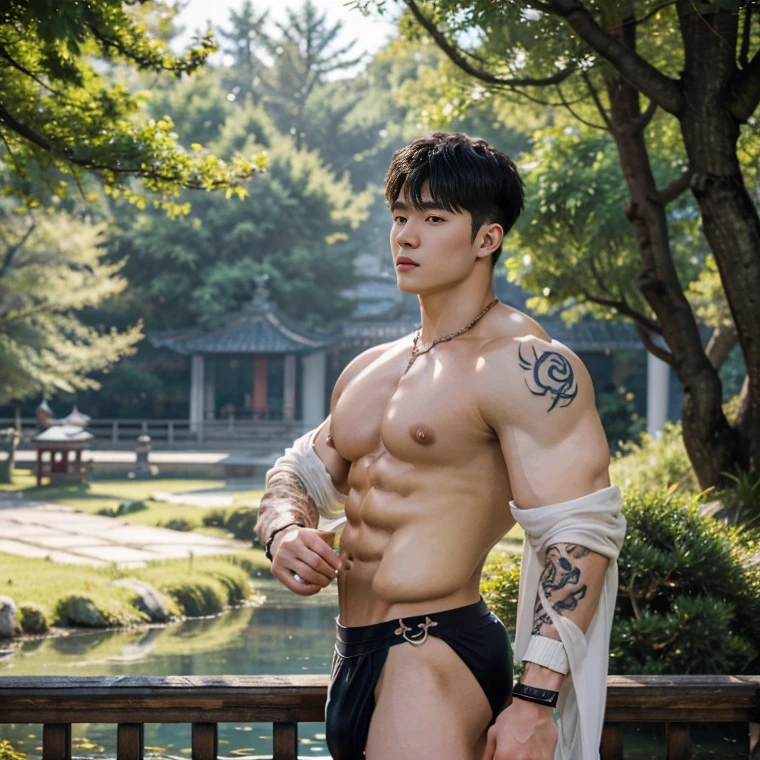 2 Handsome chinese guy kissing, smilling at each other, bare chest , strong sport muscle body, show the abs, 20 years old,hug, cuddle, touching lips, skin ship, romantic, Asian, chinese hansome actor, kpop idol, handsome male model,manly, master work, best picture quality, higher quality, high detail, super high resolution, 8k resolution, perfect clear sun light,perfect eyes, perfect skin, manly jawline, manly chin, perfect hands, big chest muscles, bare chest, big juicy butts, tattoos chest, tattoo hands, tattoo legs, tattoo back, tattoo arms,earings, ancient pendents, braceles, glowing eyes, short mess curly hair, hair details, detailed background , open Hanfu transparent (see throught) ,super skiny chinese loincloth, big bulge, golden and silver detail in cloth, detailed perfect abs, Chinese garden background, detailed background, Chinese kung fu,skinny anciennt chinese costumes, spinning floating particles, chinese temple in background,