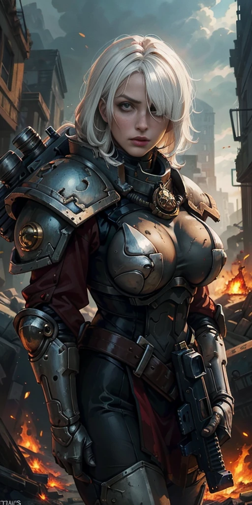 (masterpiece:1.2), (best quality:1.2), perfect eyes, perfect face, perfect lighting, 1girl, mature whsororitas with a laser rifle in her hands, scar over one eye, eyepatch, red tabard, white hair, warhammer 40k, chaos, fire, scifi, detailed ruined city background, power armor