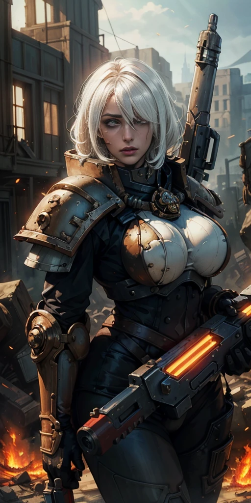 (masterpiece:1.2), (best quality:1.2), perfect eyes, perfect face, perfect lighting, 1girl, mature whsororitas with a laser rifle in her hands, scar over one eye, eyepatch, red tabard, white hair, warhammer 40k, chaos, fire, scifi, detailed ruined city background, power armor