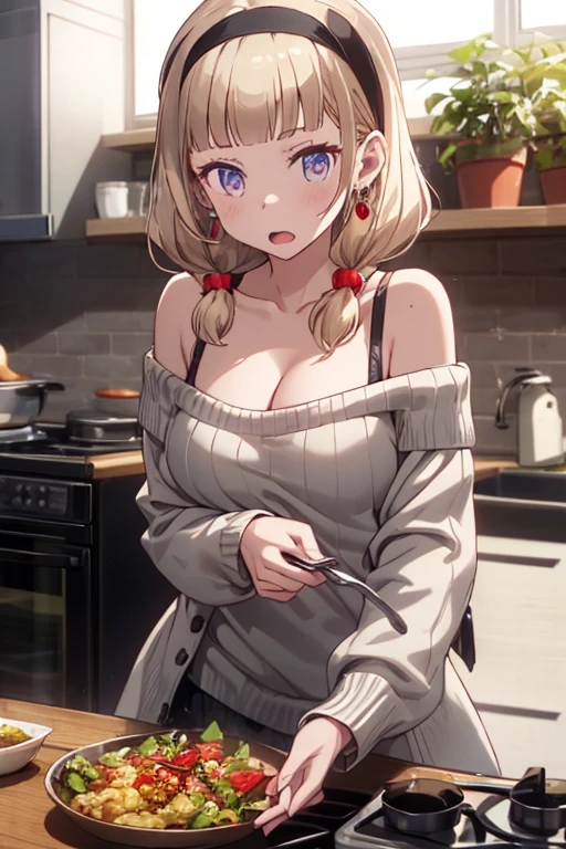 masterpiece, yor, 1girl, Amazing Cleavage:1.3, thin waist, big ass, Raised sexy, medium breast: 1.8 posed cleavage:1.2、solo, looking at viewer, open mouth, have a cup of coffee,black hair, red eyes, dress, bare shoulders, jewelry, collarbone, sidelocks, hairband, earrings, indoors, off shoulder, :o, sweater, arms behind back, plant, short hair with long locks, white hairband, off-shoulder dress, sweater dress, off-shoulder sweater, red sweater, big side hair, very long side hair,is rendered in (masterpiece: 1.2, best quality), with (ultra high resolution) and an exquisite (depth of field). This masterpiece is not only visually stunning but also tells, teach of cooking ,in the kitchen
