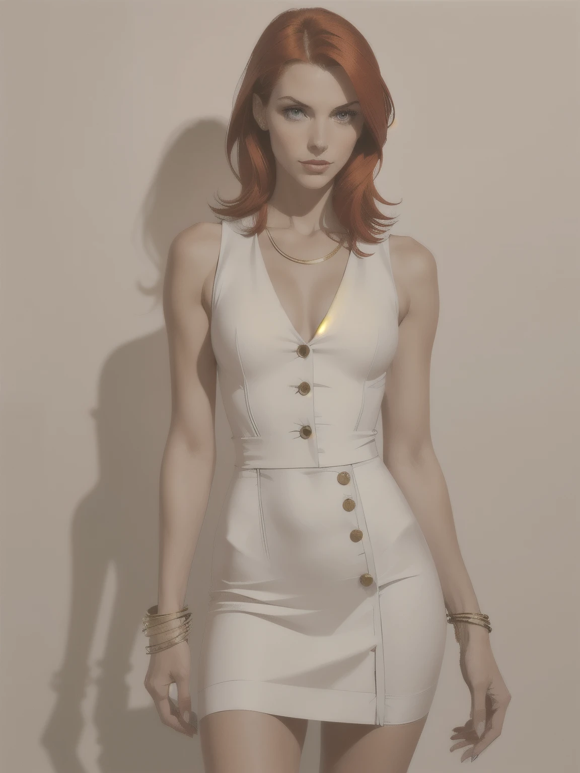 makeup, mascara, simple color palettes, one woman 25 years old, stylish, Clean, sharp designs, flowing silhouettes, Tight skirts, high-waisted pencil skirts, simple button up dresses, buttoned blouses, asymmetrical, geometric, Elegant and luxurious materials and designs, Simple, minimal accessories, gold trim, elegant dress, Slim necklaces and rings in silver or gold, Simple bangles, Distinctive designs, simple silhouettes, chic and mature impression, simple and sophisticated style, elegance, minimalism, high quality materials, cool and urban impression, high fashion, , simplicity and sophistication, plain white dress, chic white dress ((red hair)), ginger hair