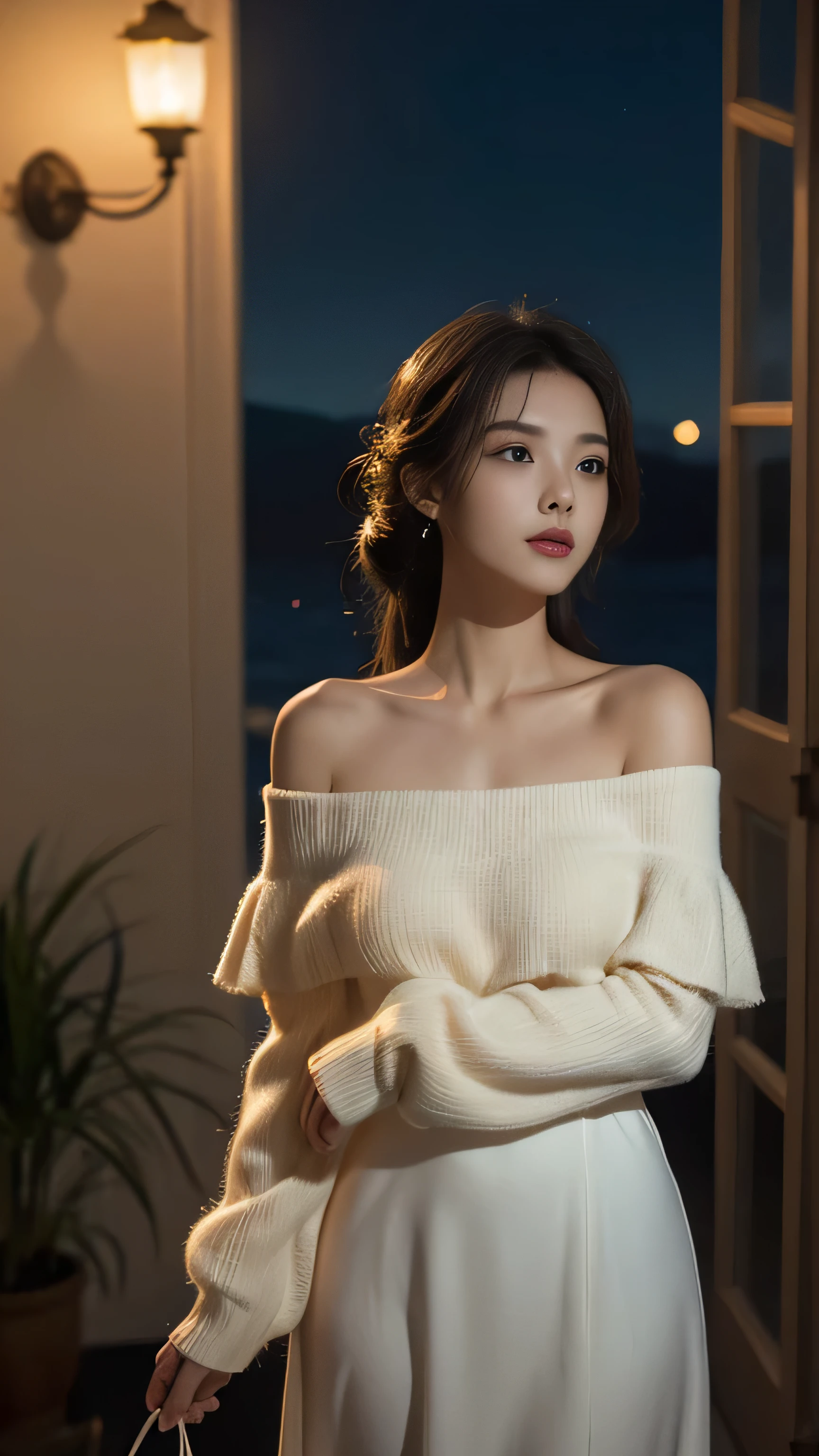 luminescent, (masterpiece, best quality:1.2), 1 girl, Solitary, ((Off-shoulder clothes)), ((night)), lantern, candela, Deep in Wonderland，The moonlight falls like water，foggy room，The heroine&#39;s figure is vaguely visible，Like a fairy in a painting，Slender sexy legs，Very beautiful legs，Show sexy，Large Breasts，Beautiful with a hint of mystery。Her face is beautiful and delicate，Like a finely carved jade，Showing extraordinary beauty。The eyebrows are so pretty，The waves in my eyes are like twinkling stars，Show the light of perseverance and wisdom。The bridge of the nose is straight，Lip color like cherry，The slightly raised corners of the mouth reveal confidence and calmness。Her face is chiseled，Skin like jade，Reveal healthy glow，Just like fairies, She never eats fireworks in this world。Her makeup is light and delicate，No excessive embellishment，But it is enough to show her temperament and charm。Light foundation highlights the translucence of the skin，A light eyebrow pencil outlines her perfect eyebrow shape，Eye makeup is eye shadow and eyeliner，Make her eyes brighter and more energetic。Lips painted with grace lipstick，Add a touch of charm and sophistication。Her clothes are graceful and chic，Clothes fluttering，As if the wind will blow it up at any time，drifting into the distance。Without losing grace，She also demonstrated her extraordinary skills。Swaying with her movements。Her hair is tied back casually，Secure it with hostas，A few strands of hair fluttering gently in the wind，Adds a bit of softness。Her figure is looming in the fairyland，宛如一道Large Breasts Beautiful的风景线，Attracted everyone&#39;s concern。She seems like a fairy in wonderland，Large Breasts Beautiful、grace、mystery、and full of power。