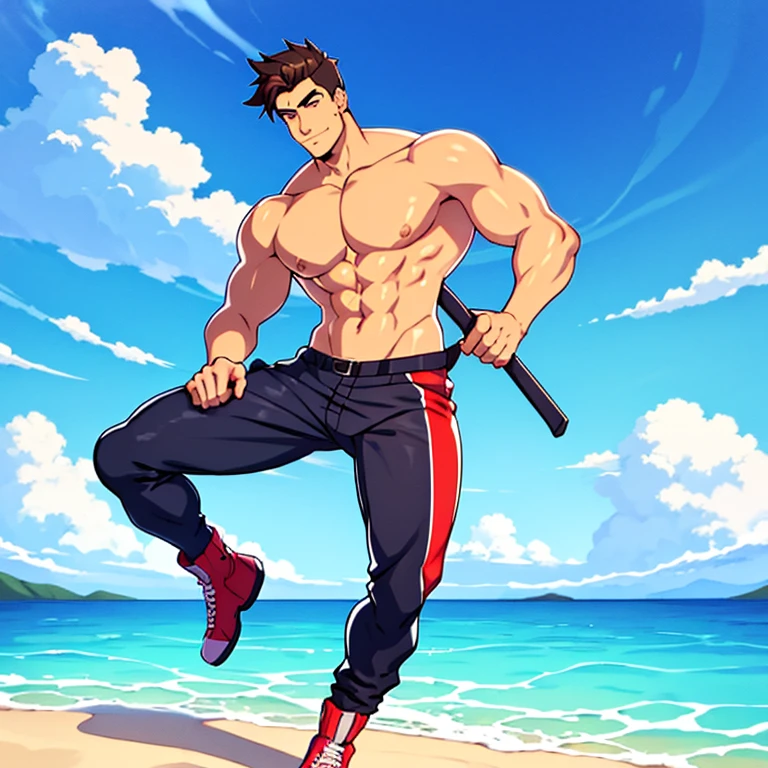 young muscular man, rectangular body, trapezoidal head, with blue eyes, Latin features with a gunslinger-style beard and short silver hair, in short tight underwear, shirtless and tanned skin, posing standing, full body image