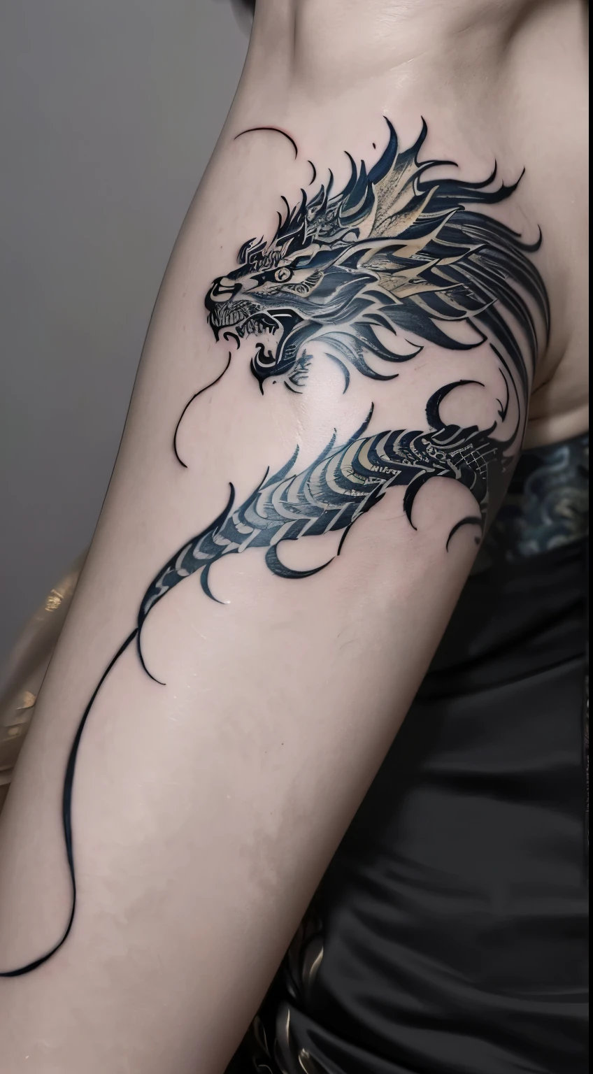 asian style dragon tattoo, sketch type, line art vector, (high quality, tattoo:1.2), asian style tattoo of a Embodying Strength and Wisdom: A Majestic Chinese Dragon, detailed scales, vibrant colors, intricate linework, powerful presence, mystical aura, dynamic movement, traditional elements, fierce expression, flowing mane, contrasting shading, wisps of smoke, mythical creature, symbol of power and prosperity