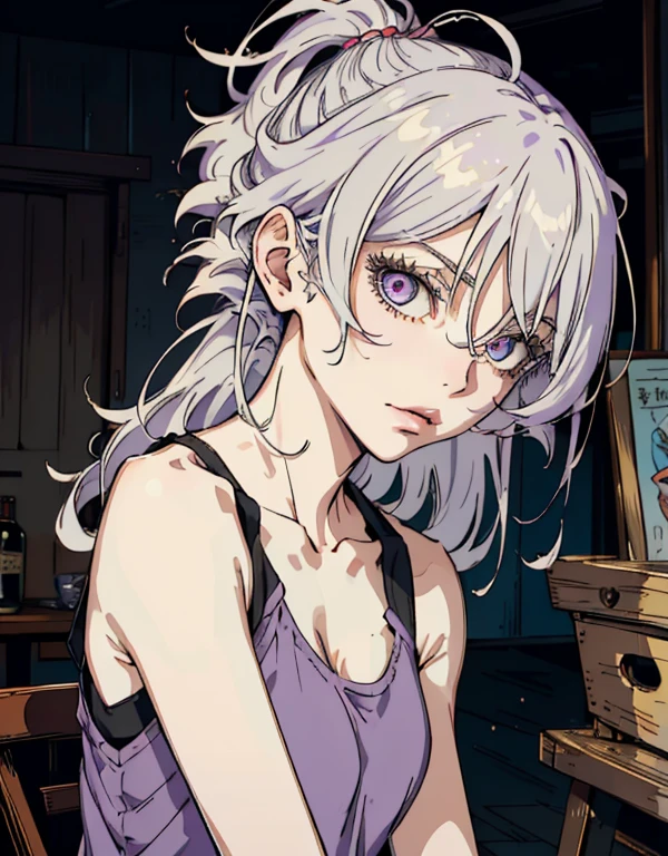 ((masterpiece, best quality)), (1girl, anime girl in retro style),(mature), (solo), (female focus), (grey hair, messy hair, long hair),((pale purple eyes, sharp eyes)) ((exposed shoulder, tank top)), pale skin, evil, vicious, portraits, close up, upper body, vibrant colors, soft lighting