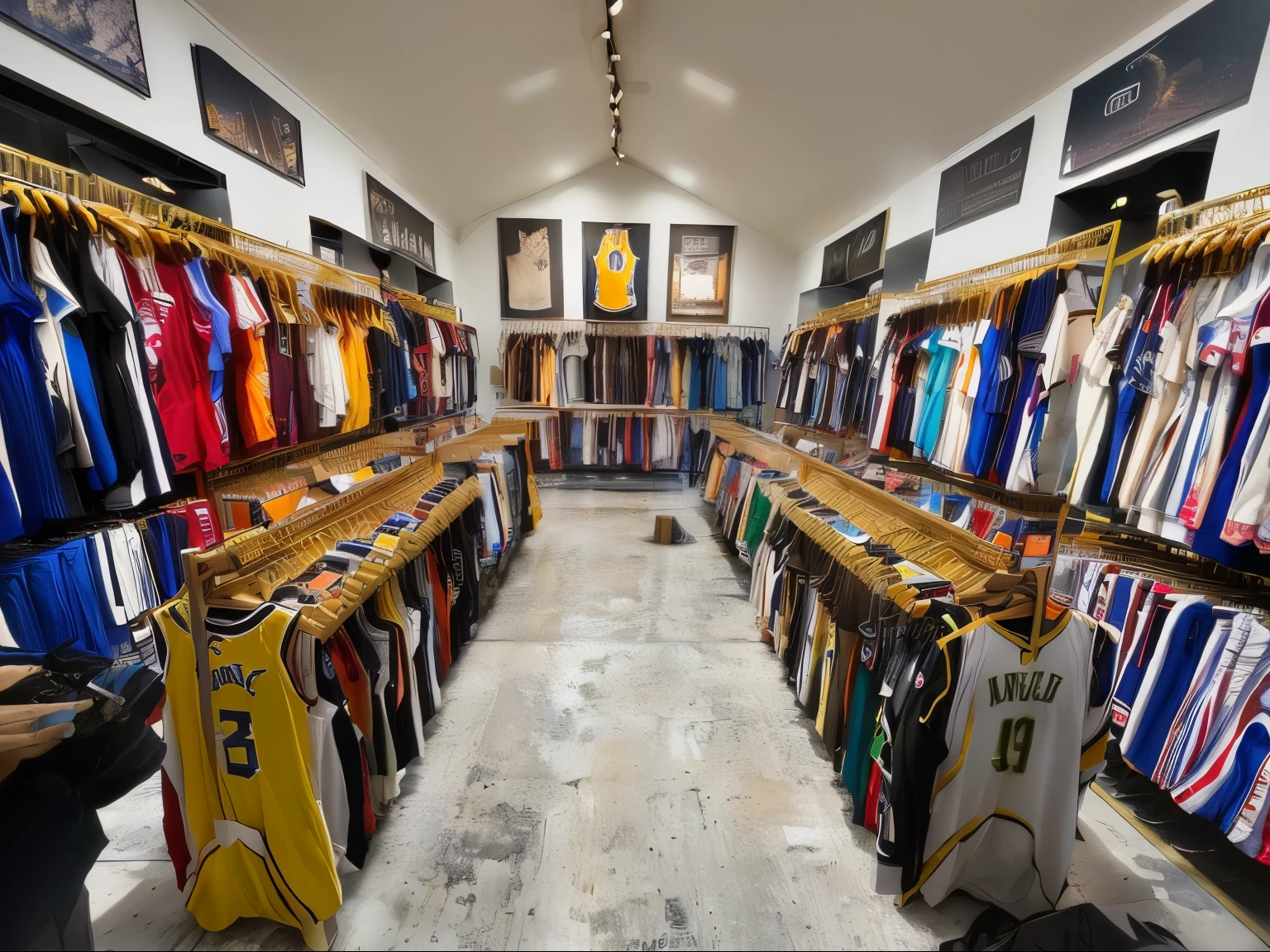 View of a store, lots of NBA jerseys on the shelves, collection, curated collection, wide angle full shot, curated collection, 3/4 wide angle, vintage 9 0 seconds, vintage clothing, store, los angeles, stunning image, completely filled space, reddit post, trending, store, photos of the store, full costume, 70s