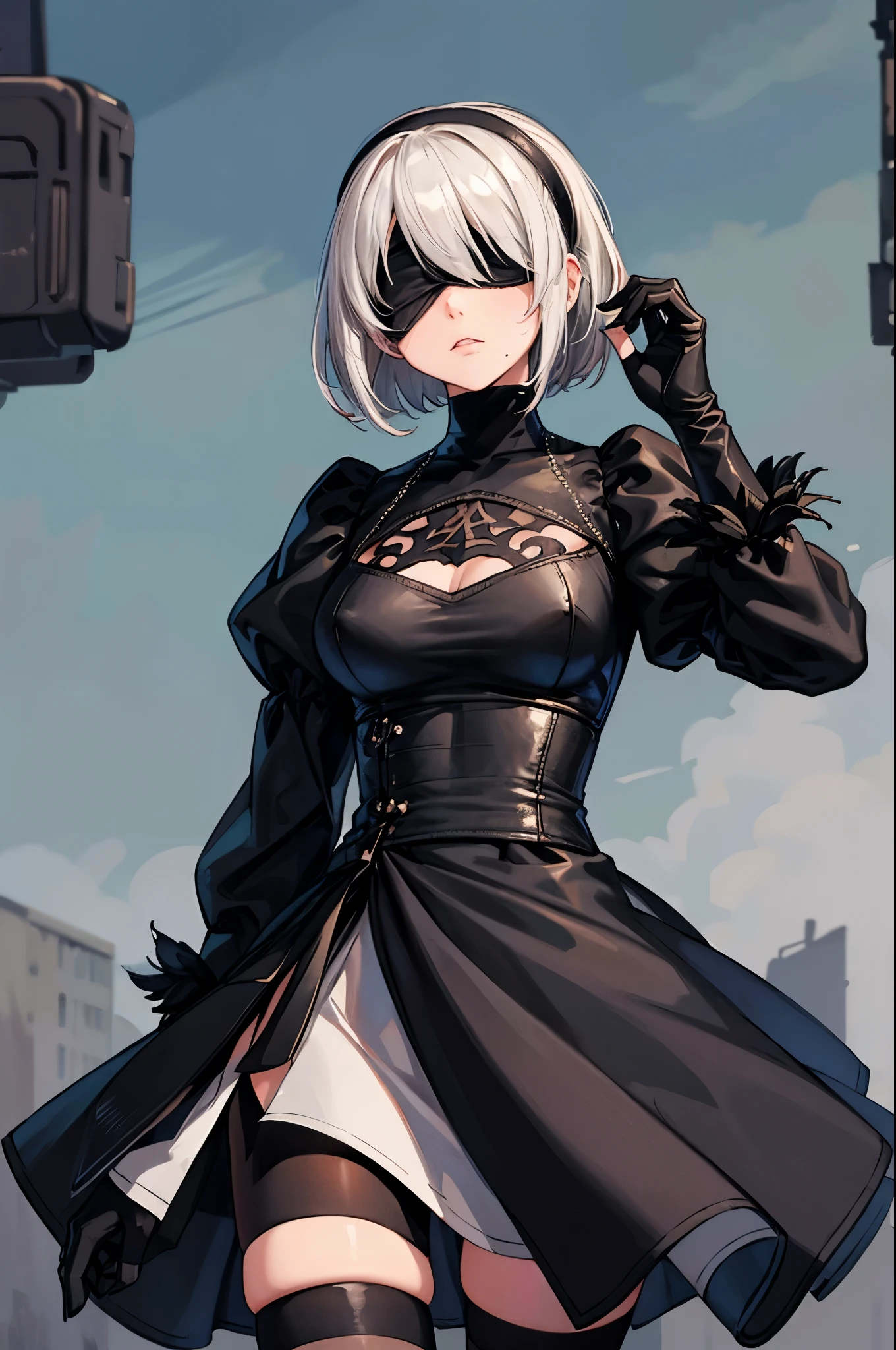 (masterpiece, best quality:1.2), expressive eyes, perfect face, highres, 1girl, solo, hm2b, black blindfold, covered eyes, mole under mouth, clothing cutout, long sleeves, puffy sleeves, juliet sleeves, feather trim, black thighhighs, black gloves, black dress, black skirt, serious face, ruined city, standing, cowboy shot, looking at the viewer