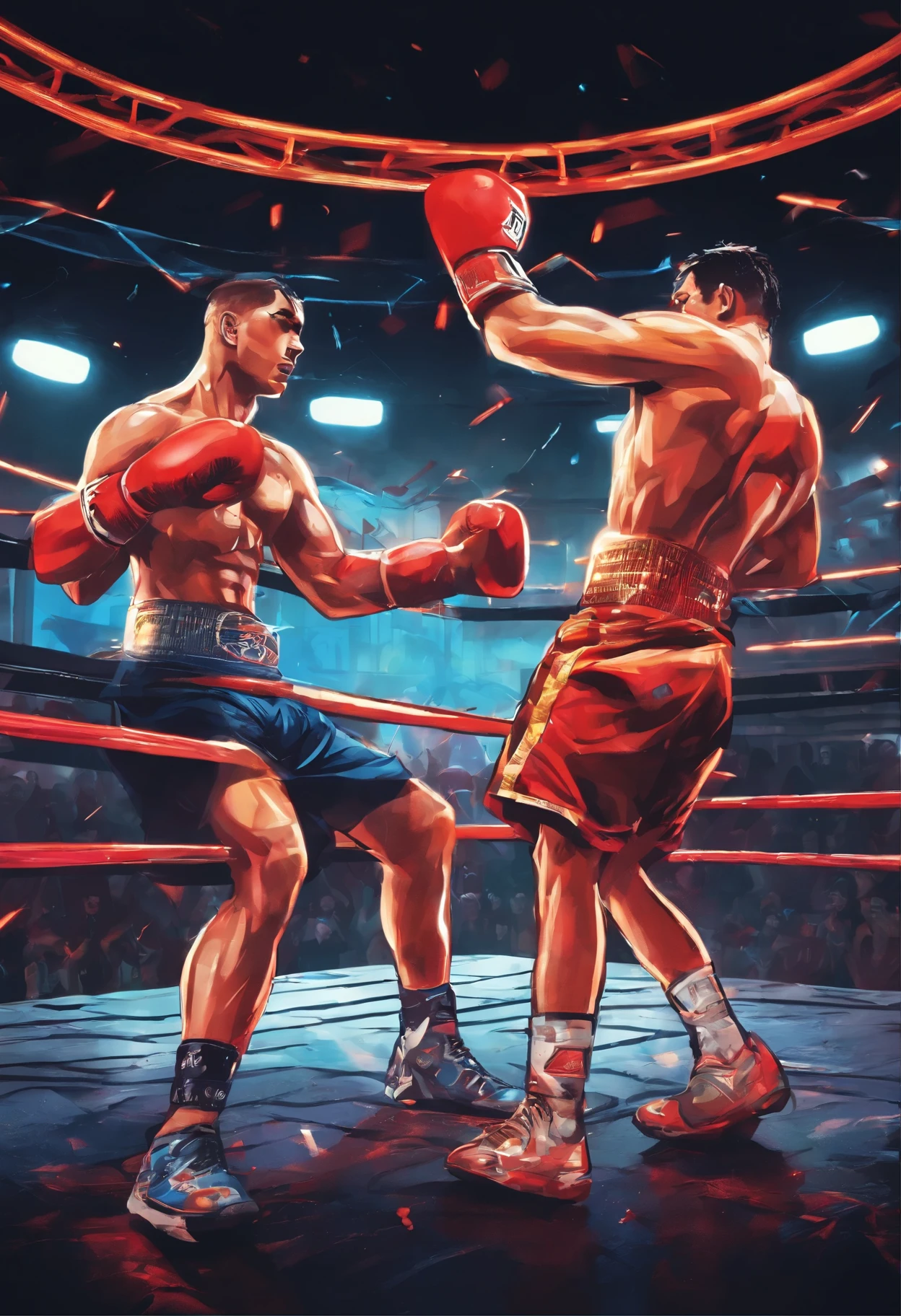 Two boxers stood on the ring, sweat dripping from their faces. The intense battle filled the entire gymnasium with a oppressive atmosphere. One boxer swung his fist rapidly, while the other cunningly dodged every attack. The audience screamed in the tense match, their cries intertwined with the sound of the boxer's heavy blows. The lights flickered on the arena, reflecting the sweat and strength on the boxer's body. This is a passionate and determined duel, where every boxing is a desire for victory and respect for the opponent.,Dream colors,studio light,isometric,Best quality,UHD,HDR,Blender,3D model,Cinema4D,octane rendering,ultra-detailed,unreal engine 5,high resolution,16K,photorealistic,3D rendering,hyper detailed,hyper realistic,Retro-futurism,cinematic style,holographic,symmetrical composition,Futurism,detailed intricate,documentary photography,Award-winning,low saturation,depth of field,bright