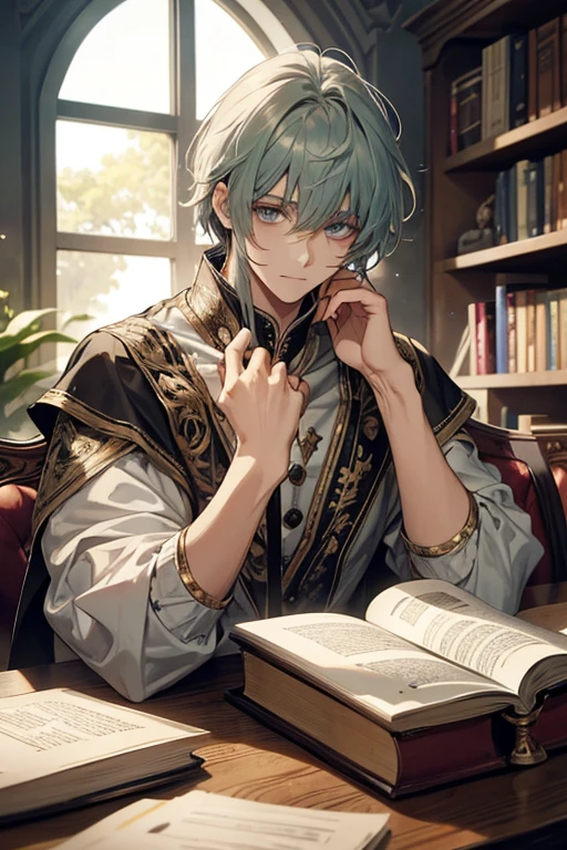 1 homem, calm, adulto, bonito, messy short with bangs, cabelo branco, olhos cor de ametista, Realeza, Principe, usa roupas pretas, em um castelo, adulto face, tempos medievais, fechar-se, Sitting at table with books, calm