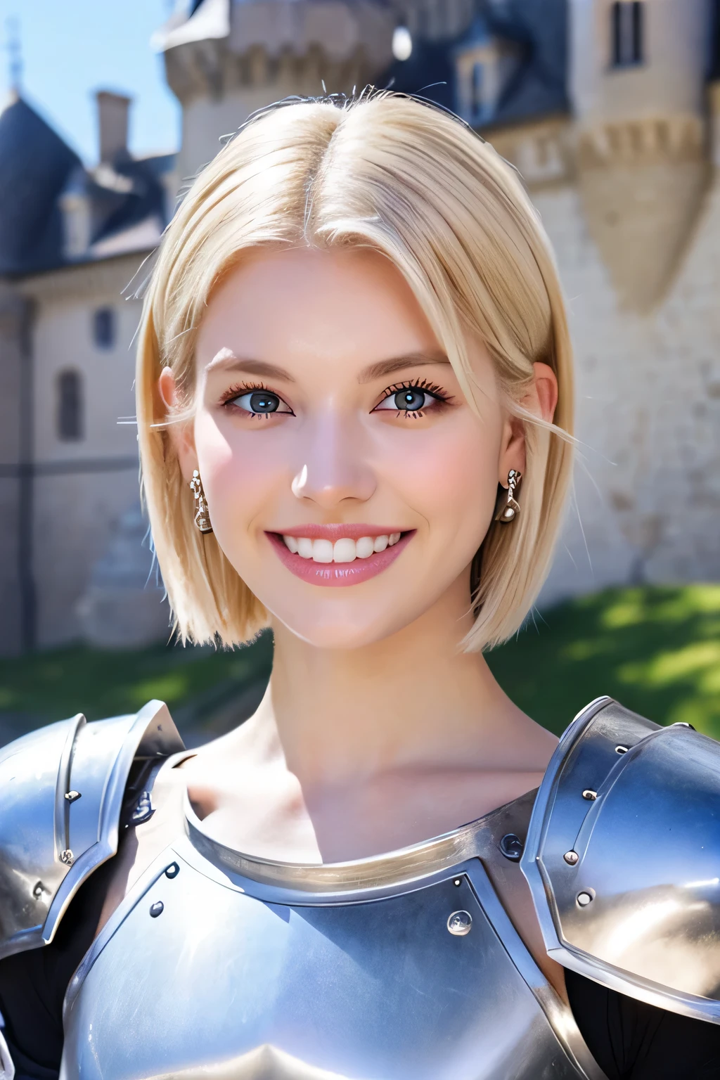 ８Ｋ、highest quality、female knight、Luxurious Silver Armor、、hairstyle short cut、smile、beautiful teeth、full body photo、ear piercing、blonde、white woman、blue eyes、heavy makeup、The background is inside the castle

