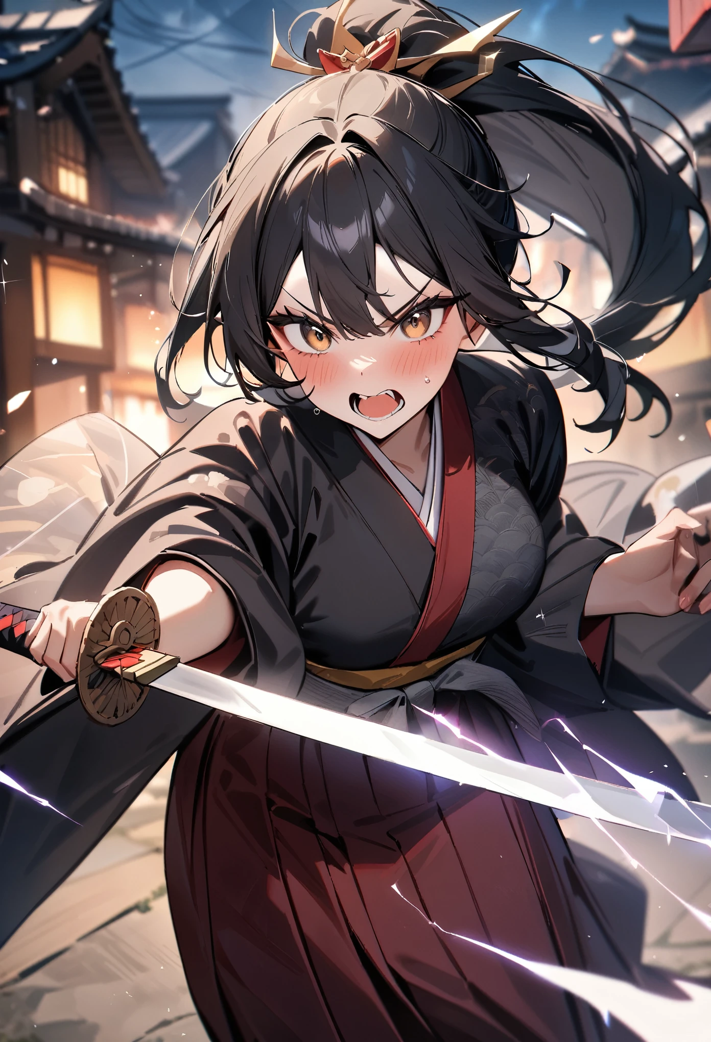 masterpiece, best quality, very aesthetic, absurdres, newest, 1girl, japanese clothes, outdoors, solo, shouting, V eyebrows, black hair, looking at viewer, ponytail, long hair, sword, kimono, weapon, hakama, blush, holding sword, hair ornament, bangs, (sparkle, lightning effect)