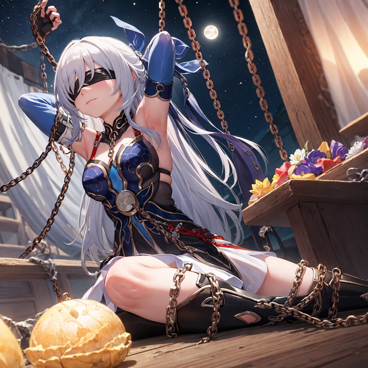 masterpiece, best quality, JingliuV5, 1girl, solo, gloves, gloves, dress, bare shoulders, closed mouth, boots, sky, black gloves, black footwear, blindfold, night sky, full moon, elbow gloves, armpits, arms up, ((chain, bound, restrained:1.3)), sitting, wariza, night, starry sky, sky, cowboy shot, view from below, far shot