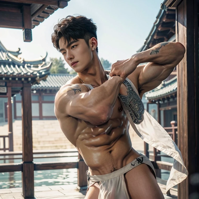 2 Handsome chinese guy kissing, smilling at each other, bare chest , strong sport muscle body, show the abs, 20 years old,hug, cuddle, touching lips, skin ship, romantic, Asian, chinese hansome actor, kpop idol, handsome male model,manly, master work, best picture quality, higher quality, high detail, super high resolution, 8k resolution, perfect clear sun light,perfect eyes, perfect skin, manly jawline, manly chin, perfect hands, big chest muscles, bare chest, big juicy butts, tattoos chest, tattoo hands, tattoo legs, tattoo back, tattoo arms,earings, ancient pendents, braceles, glowing eyes, short mess curly hair, hair details, detailed background , open Hanfu transparent (see throught) ,super skiny chinese loincloth, big bulge, golden and silver detail in cloth, detailed perfect abs, Chinese garden background, detailed background, Chinese kung fu,skinny anciennt chinese costumes, spinning floating particles, chinese temple in background,