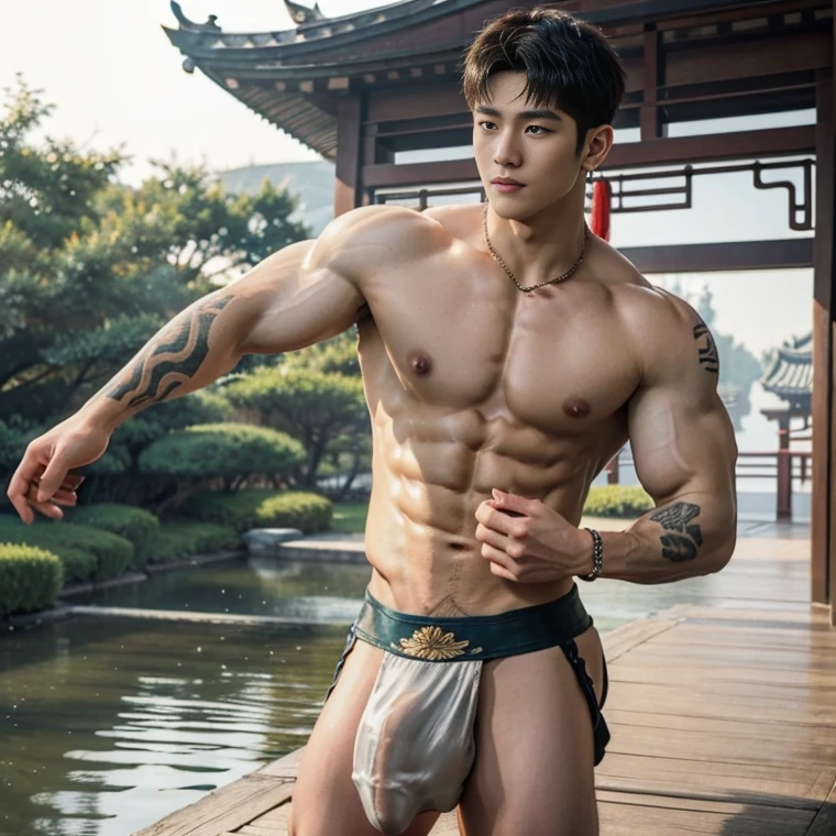 2 Handsome chinese guy kissing, smilling at each other, bare chest , strong sport muscle body, show the abs, 20 years old,hug, cuddle, touching lips, skin ship, romantic,  Asian, chinese hansome actor, kpop idol, handsome male model,manly, master work, best picture quality, higher quality, high detail, super high resolution, 8k resolution, perfect clear sun light,perfect eyes, perfect skin, manly jawline, manly chin, perfect hands, big  chest muscles,  bare chest, big juicy butts, tattoos chest, tattoo hands, tattoo legs, tattoo back, tattoo arms,earings, ancient pendents,  braceles, glowing eyes, short mess curly hair, hair details, detailed background , open Hanfu transparent (see throught) ,super skiny  chinese loincloth, big bulge, golden and silver detail in cloth, detailed perfect abs, Chinese garden background, detailed background, Chinese kung fu,skinny anciennt chinese costumes, spinning floating particles, chinese temple in background,