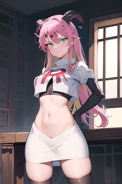 (SFW), masterpiece, best quality, highres k, professional artwork, famous artwork, clean, cinematic lighting, beautiful green eyes + detail, beautiful hair + detail, 1girl, sexy young female body:1.3, (beautiful breasts), looking at the viewer, aloe1, 1girl, solo, pointy ears, multicoloured hair, asymmetrical horns, demon horns, hair ornament, blonde hair, long hair, pink hair, demon tail, green eyes, horn bow, horn ornament, bangs, headphones around neck, hair between eyes, team rocket,team rocket uniform,white skirt,red letter R,crop top,black thigh-highs,black elbow gloves