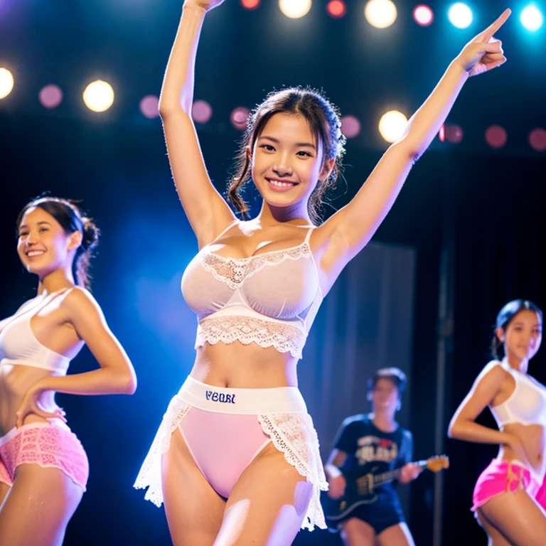 highest quality)), ((masterpiece)), (detailed), Perfect Face, young, , beautiful, Japanese, woman, one person, Idol, Amazingly large breasts. White tank top, Pink lace thong shorts, Are standing,  barefoot, smile, refreshing, Raise your arms up, Legs open, Responding to the cheers, dance, On stage, Sweat, Wet, Refreshing feeling, fun, Fan, 4K, Photo style, camera