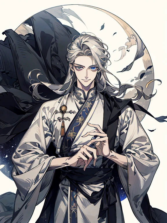 Absurd, High Definition, super detailed, texture details, clear presentation, HD details, detail performance, Fine details, Clear face, accurate restoration, ((cabelos preto e longos))、length hair、18-year-old man, Handsome, tall,Smile、Smirk、slightly muscular,(clear eyeballs), Shining eyes、Star Eye、(Expressive eyes)、(1 person: 1.3), handdraw, Simple lines, (18-year-old man in white han dress), foggy forest、The upper part of the body、crescent