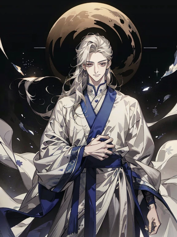 Absurd, High Definition, super detailed, texture details, clear presentation, HD details, detail performance, Fine details, Clear face, accurate restoration, ((cabelos preto e longos))、length hair、18-year-old man, Handsome, tall,Smile、Smirk、slightly muscular,(clear eyeballs), Shining eyes、Star Eye、(Expressive eyes)、(1 person: 1.3), handdraw, Simple lines, (18-year-old man in white han dress), foggy forest、The upper part of the body、crescent
