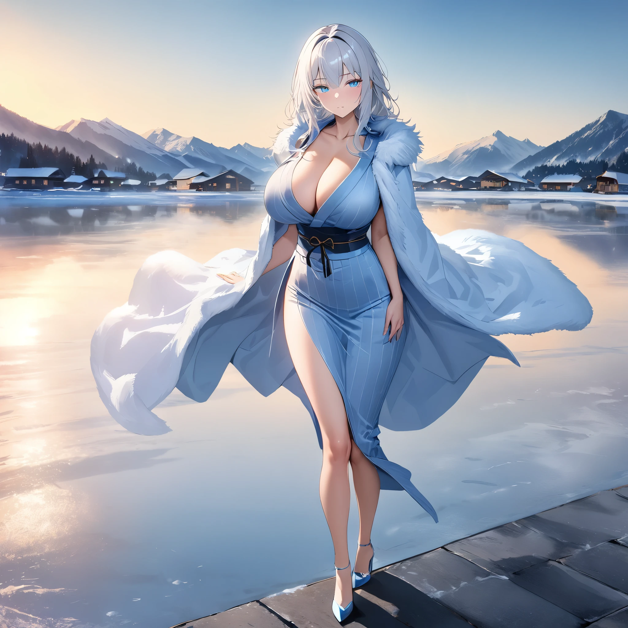 a woman wearing a pale blue yukata with a snowflake symbol, Japanese heels, ice white hair, ice blue eyes, expressionless face, large white fur cape, large breasts, full body, walking on a concrete platform overlooking a frozen lake and mountains in the background, some houses, daytime location with lighting,hdr, ultra resolution, sharp, masterpiece, 8K HD (solo woman)
