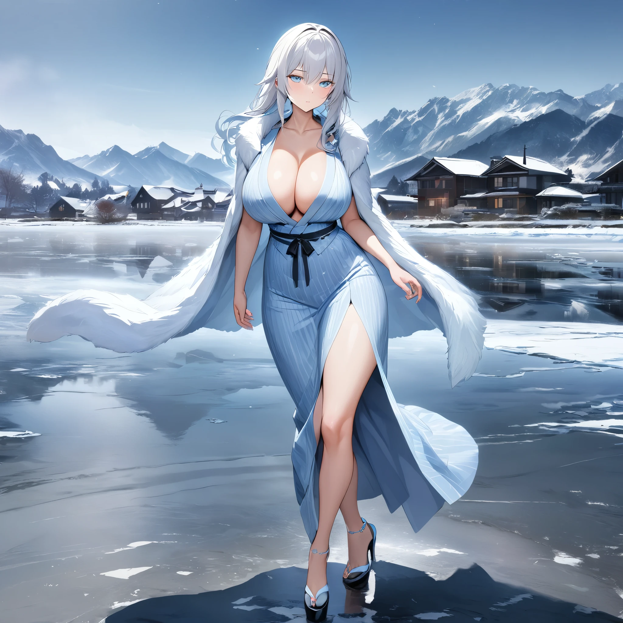 a woman wearing a pale blue yukata with a snowflake symbol, Japanese heels, ice white hair, ice blue eyes, expressionless face, large white fur cape, large breasts, full body, walking on a concrete platform overlooking a frozen lake and mountains in the background, some houses, daytime location with lighting,hdr, ultra resolution, sharp, masterpiece, 8K HD (solo woman)
