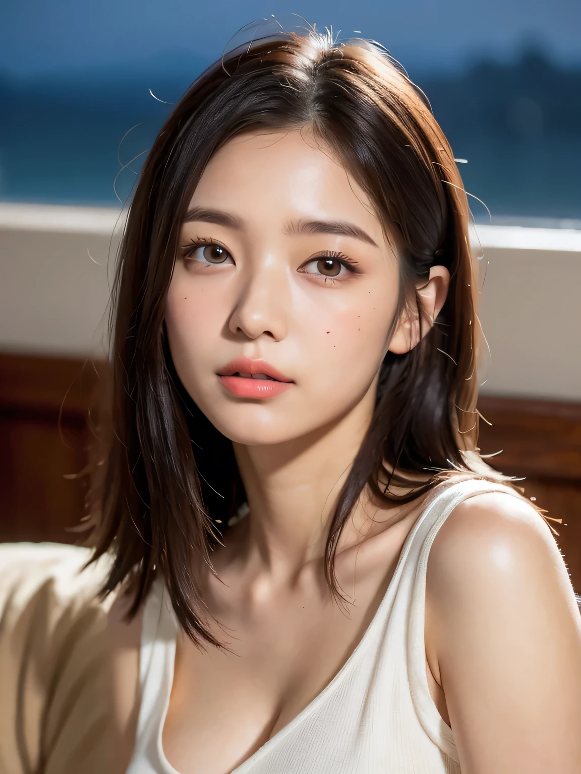 (night:1.7), East Asian architecture, 1 Female,sit on tatami, (China dress), Brunette color hair,(Hair between the eyes), restore, Lip valve, 30 years old,beautiful fingers,beautiful long legs,Beauty Body,Beautiful nose,beautiful character design,perfect eyes,s the perfect face,View your viewers,(Innocent__Eyes:1.0),(Light_笑face:0.3),Official Art,Very detailed CG unity 8k wallpaper,Perfect lighting,Very colorful,bright_front_face_Lighting,(masterpiece:1.0),(Highest_quality:1.0), 超High resolution,4K,Super detailed, photo shoot, 8k, High resolution, High resolution, Absurd:1.2, Kodak Portrait 400, Film Grain, The background is blurred, Bokeh:1.2, Lens flare brilliance, ( Vibrant_color:1.2) (beautiful,big_chest:1.4), (beautiful_face:1.5),(narrow_Upper Body),8k, yes,RAW Photos, See-through, transparent clothing,Big chest、Lying in bed